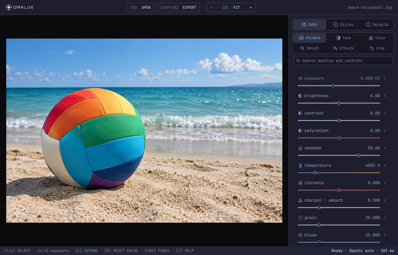 Omalux powered by darktable — a beach photograph with exposure, contrast and color controls