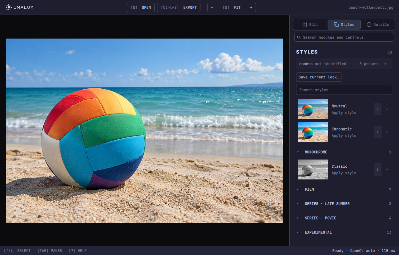 Current Omalux interface with the style catalogue